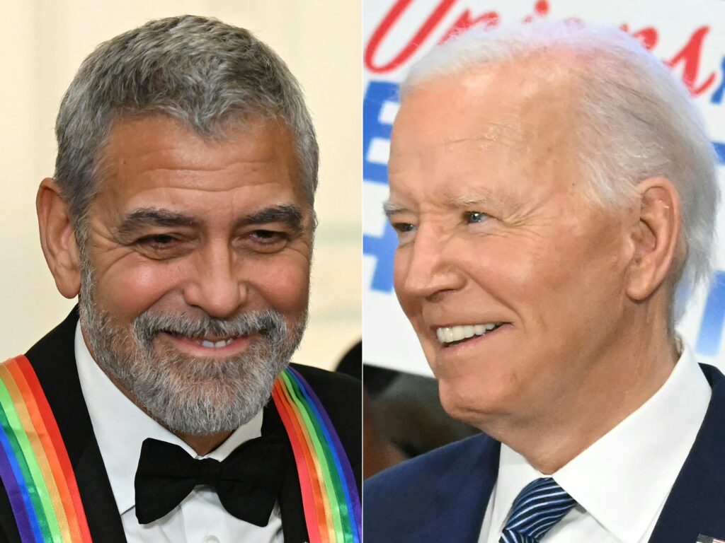 Clooney and Democrats pile pressure on Biden. This combination of file pictures created on July 10, 2024 shows, US actor George Clooney (L)  in the East Room of the White House in Washington, DC, on December 4, 2022; and US President Joe Biden meeting union members in Washington, DC, on July 10, 2024. Photo by SAUL LOEB / AFP