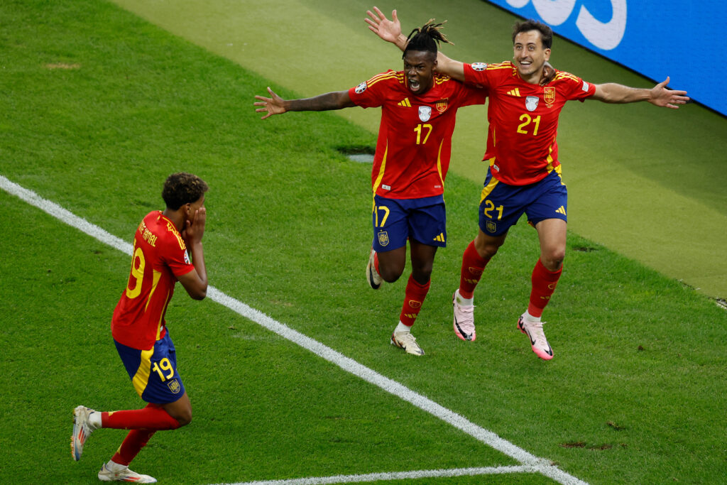 Yamal, Williams put on a show. Spain's midfielder #21 Mikel Oyarzabal celebrates with Spain's midfielder #17 Nico Williams and Spain's forward #19 Lamine Yamal after scoring his team's second goal during the UEFA Euro 2024 final football match between Spain and England at the Olympiastadion in Berlin on July 14, 2024. | AFP