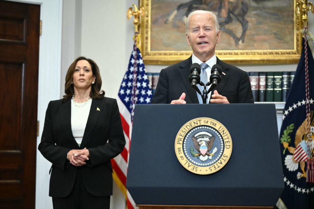 Biden drops out of 2024 race, endorses VP Harris. US President Joe Biden speaks from the Roosevelt Room of the White House as Vice President Kamala Harris looks on in Washington, DC, on July 14, 2024, one day after former president Donald Trump survived an apparent assassination attempt during a rally in Pennsylvania. | [FILE PHOTO] AFP