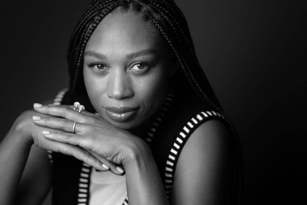 US sprinter and most decorated female Olympic athlete ever in track and field, Allyson Felix, poses during a photo session in Paris, on July 26, 2024. Allyson Felix is the most decorated track and field athlete in history. With a record 20 World Championship medals and 11 medals at the Olympic Games - including seven golds - she ranks among the sport's greats. (Photo by JOEL SAGET / AFP)