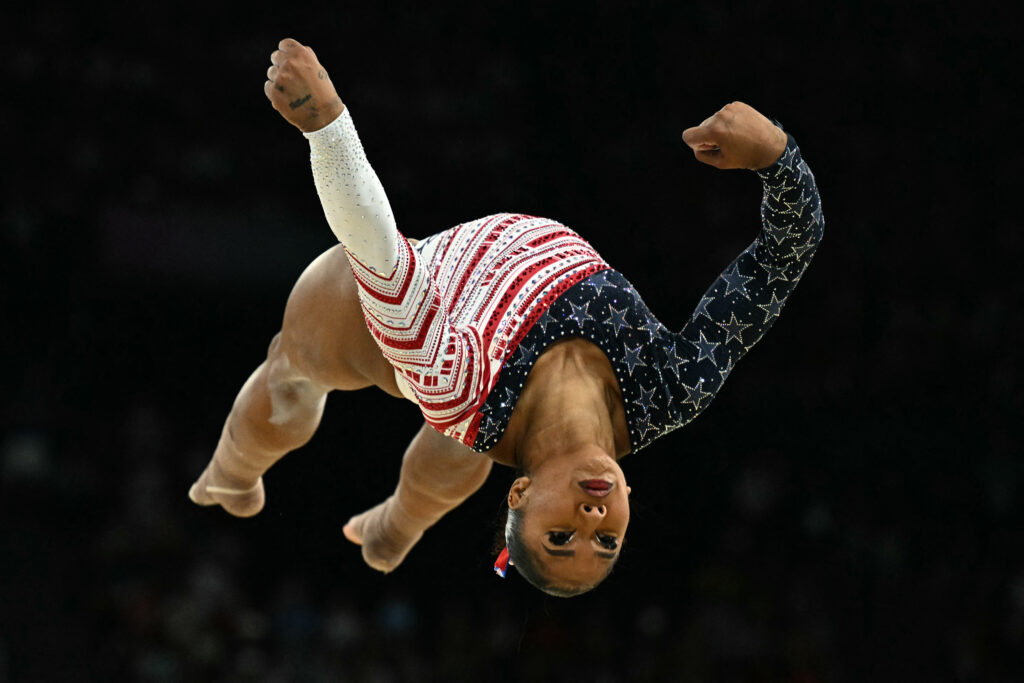  US' Jordan Chiles competes in the floor exercise event of the artistic gymnastics women's team final.