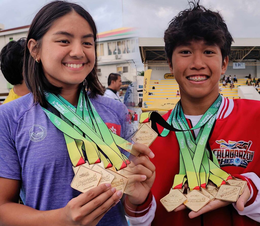 NCR, Calabarzon dominate swim event of Palarong Pambansa 2024 by raking 21 golds each.