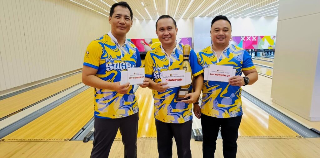 Bowler of the Month: Velarde is SUGBU's top kegler for June. Rey Velarde (center) is joined by Jomar Jumapao (right) and Ted Convocar. | Contributed photo