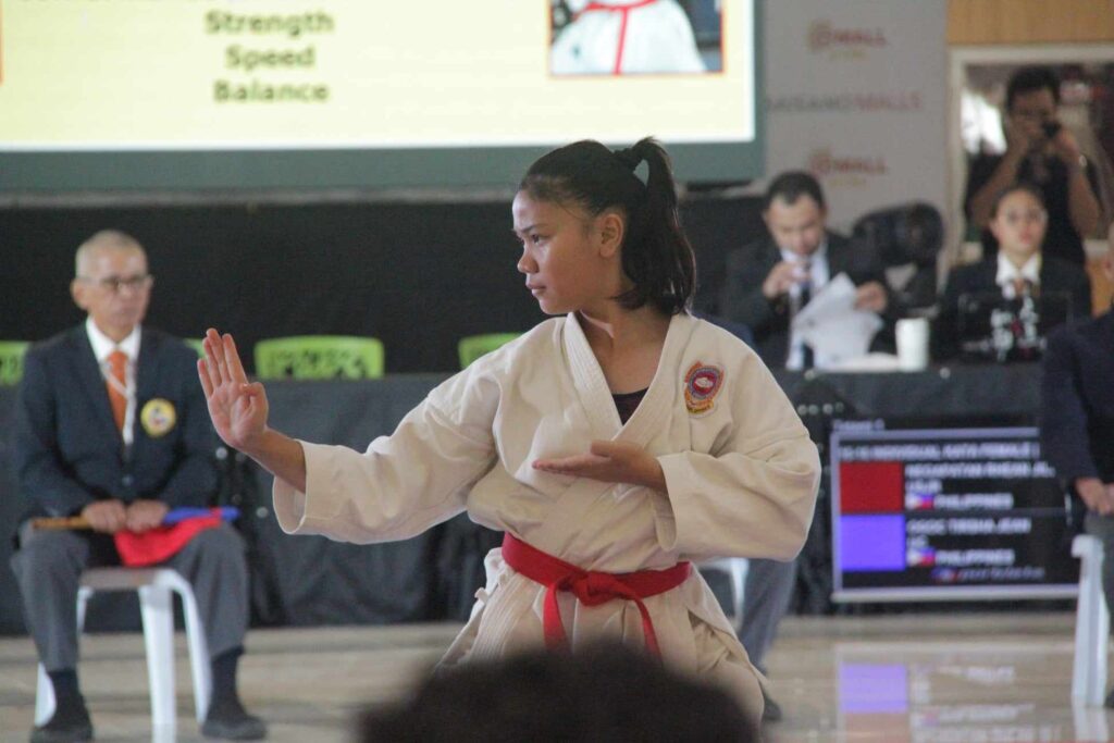 Palarong Pambansa: Karate demo held, nat'l games inclusion eyed. A karateka shows her form during the karate exhibition at the GMall at the North Reclamation Area in Cebu City. | Josh F. Almonte