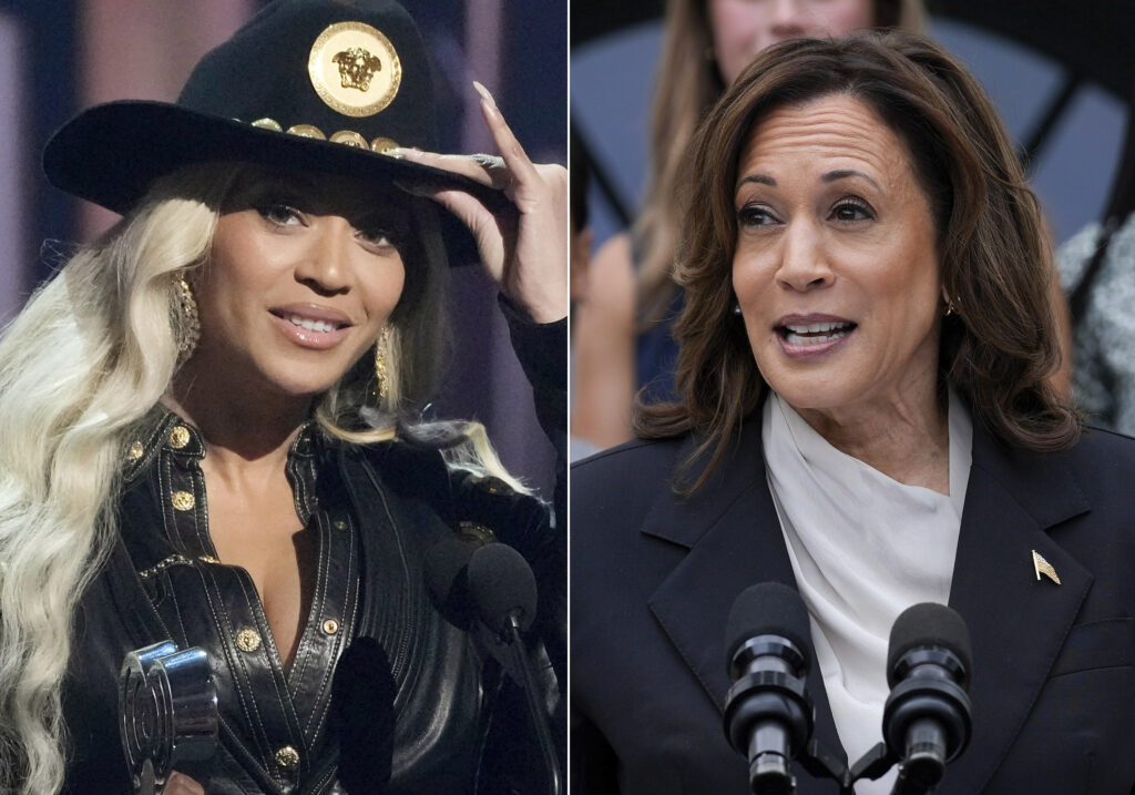 Kamala Harris using Beyoncé's 'Freedom' as her campaign song. This combination photo shows Beyonce at the iHeartRadio Music Awards in Los Angeles on April 1, 2024, left, and Vice President Kamala Harris speaking from the South Lawn of the White House in Washington on July 22, 2024. (AP Photo)