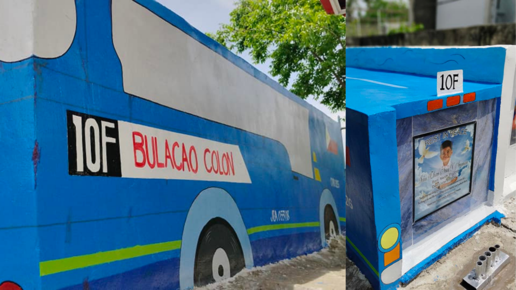 Remembering Aries: The boy who loved the blue 10F jeepney. The final resting place of John Ethan Aries at the Simala Cemetery in Sibonga painted to appear as a blue 10F jeepney.