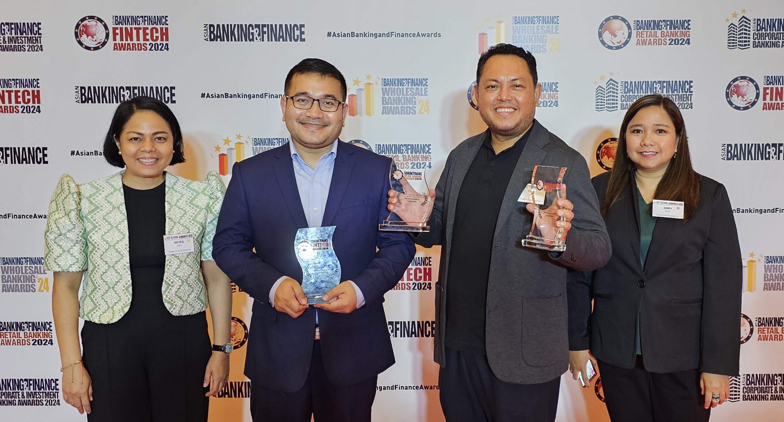Palawan Group of Companies was lauded for championing financial inclusion and innovation at the Asian Banking Finance (ABF) Fintech and Retail Awards 2024. From left to right_ Laarni Reyes, Managing Partner of Browne Communications; Third L