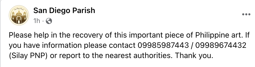 San Diego Parish appeals for information regarding the whereabouts of the Amorsolo painting. | Screengrab from FB 