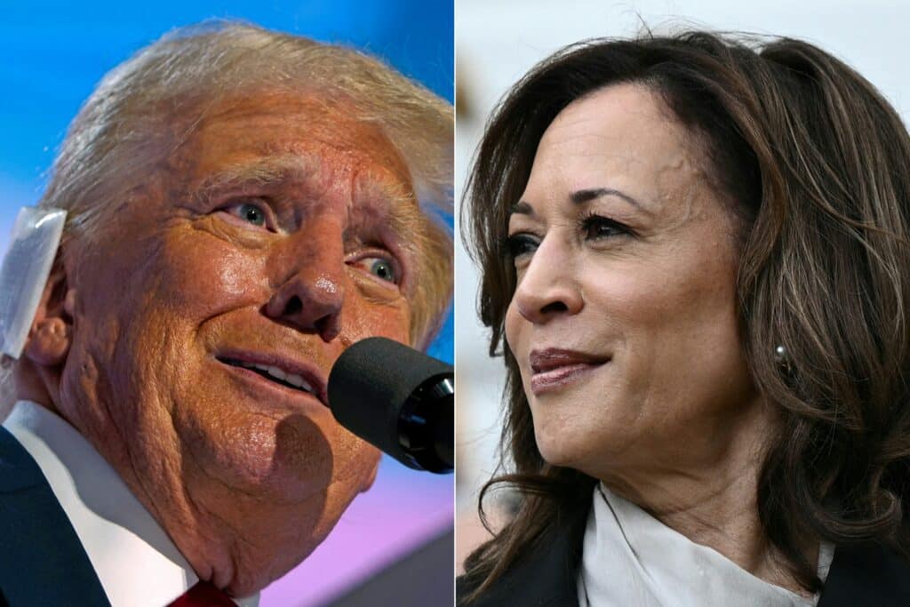 Donald Trump (left) and Kamala Harris. | AFP FILE PHOTOS. This combination of pictures created on July 22, 2024 shows former US President and 2024 Republican presidential candidate Donald Trump accepting his party's nomination on the last day of the 2024 Republican National Convention at the Fiserv Forum in Milwaukee, Wisconsin, on July 18, 2024 and US Vice President Kamala Harris attending an event honoring National Collegiate Athletic Association (NCAA) championship teams from the 2023-2024 season, on the South Lawn of the White House in Washington, DC on July 22, 2024.| AFP