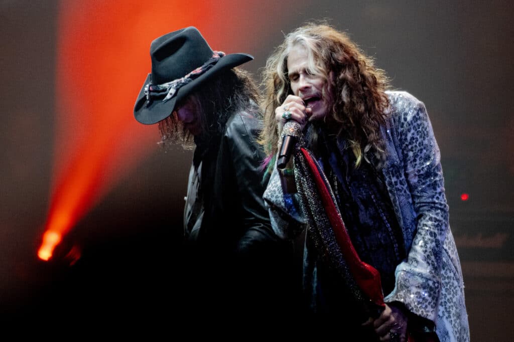 Joe Perry and Steven Tyler of Aerosmith perform live on stage at the Wells Fargo Center on September 02, 2023 in Philadelphia, Pennsylvania. | Getty Images via AFP