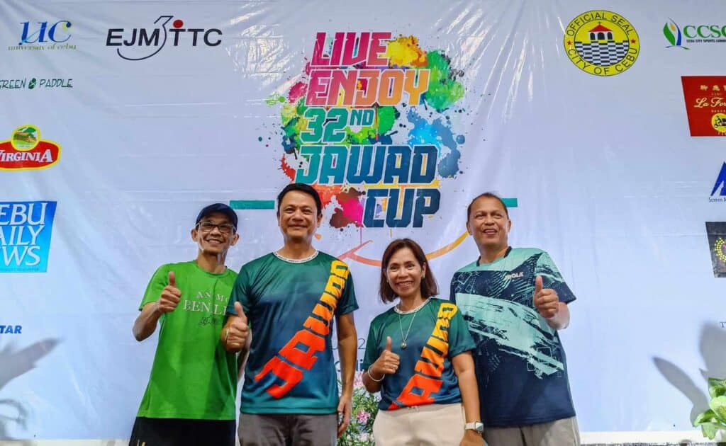 College of St. Benilde head coach Rudolph Bong Palermo, CCSC Chairman John Pages, Jessica Honoridez, and Far Eastern University (FEU) table tennis coach Noel Gonzales.