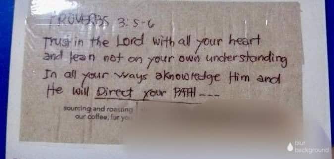 This is the napkin where the stranger inside the popular coffee shop wrote, the last sign Nila Avanceña needed from God to push her to shift from banking to the insurance business.| Contributed photo