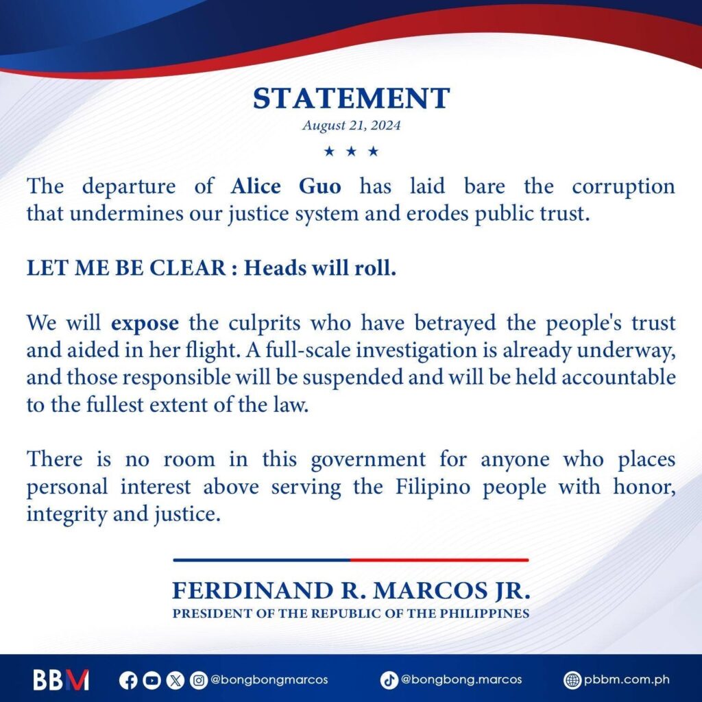 Marcos statement on Guo departure