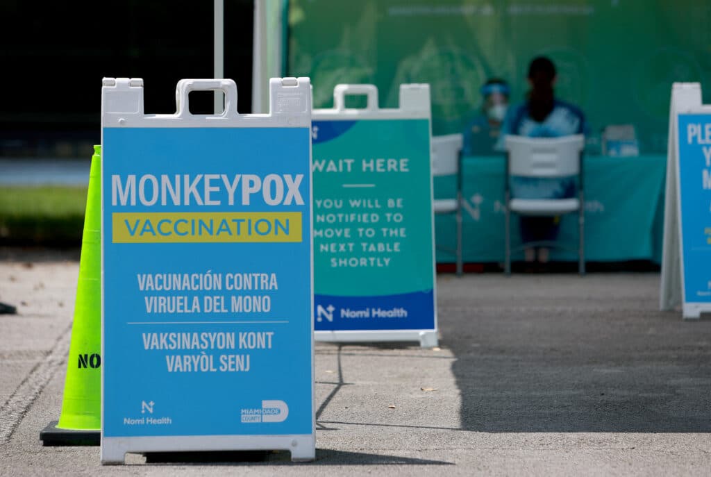 Mpox: WHO warns more imported cases to come in Europe. A sign announcing monkeypox vaccination is setup in Tropical Park by Miami-Dade County and Nomi Health on August 15, 2022 in Miami, Florida. Miami-Dade continues to urge people to vaccinate as they work to get more vaccines now that the county has over 400 cases, which is the most in the state.| Photo by Joe Raedle /Getty Images via AFP