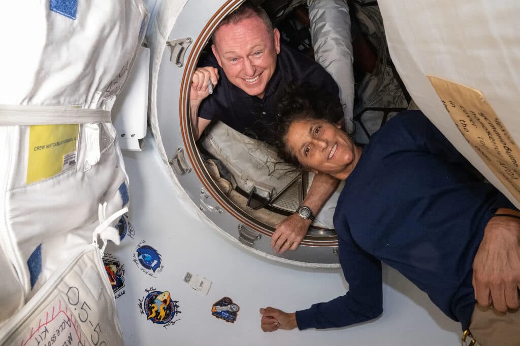 NASA to keep 2 astronauts in space until February. (FILES) This is an undated handout picture from Nasa released on July 2, 2024 showing NASAs Boeing Crew Flight Test astronauts (from top) Butch Wilmore and Suni Williams inside the vestibule between the forward port on the International Space Stations Harmony module and Boeing's Starliner spacecraft. | Photo by Handout / NASA / AFP