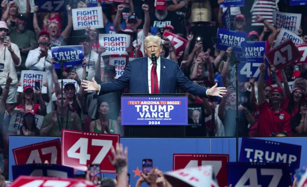 Robert F. Kennedy Jr. suspends White House bid, endorses Trump. In photo is Former US President and Republican presidential candidate Donald Trump speaking during a campaign rally at the Desert Diamond Arena in Glendale, Arizona, August 23, 2024. | Photo by Olivier TOURON / AFP