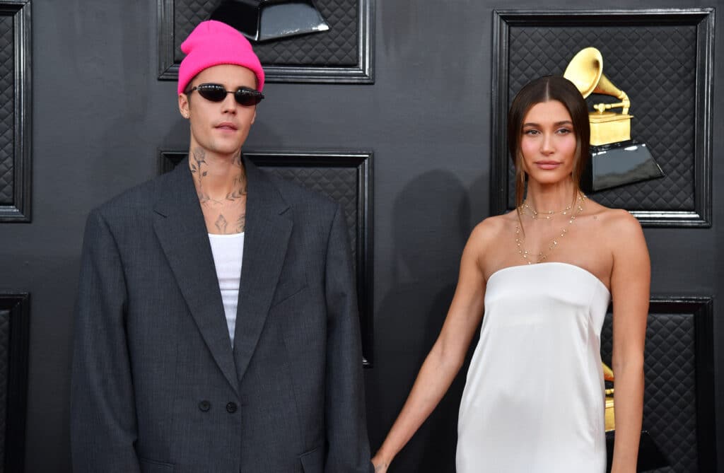 Justin and Hailey Bieber welcome a baby boy, Jack Blues.  In this file photo are Canadian singer-songwriter Justin Bieber (left) and US model Hailey Bieber, who arrived for the 64th Annual Grammy Awards at the MGM Grand Garden Arena in Las Vegas on April 3, 2022. Photo by ANGELA  WEISS / AFP