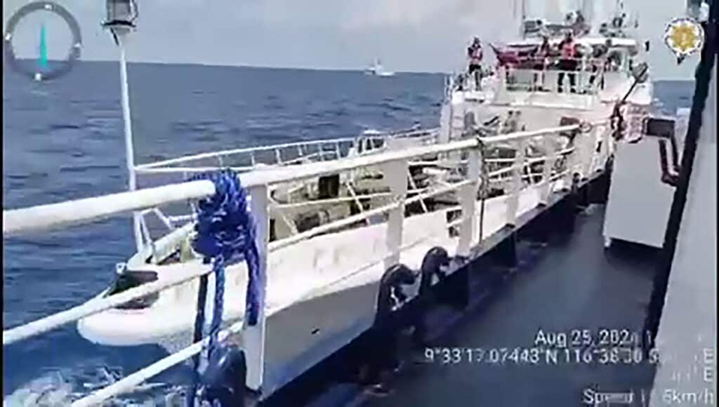 Filipino sailors hold the line at flashpoint South China Sea reef. Photo is a  frame grab from handout video footage taken and released on August 25, 2024 by the Philippine Coast Guard (PCG) showing a Chinese coast Guard ship (L) in a collision with the Philippine Bureau of Fisheries and Aquatic Resources (BFAR) vessel BRP Datu Sanday, near Sabina Shoal in disputed waters of the South China Sea.| Photo by Handout / Philippine Coast Guard (PCG) / AFP