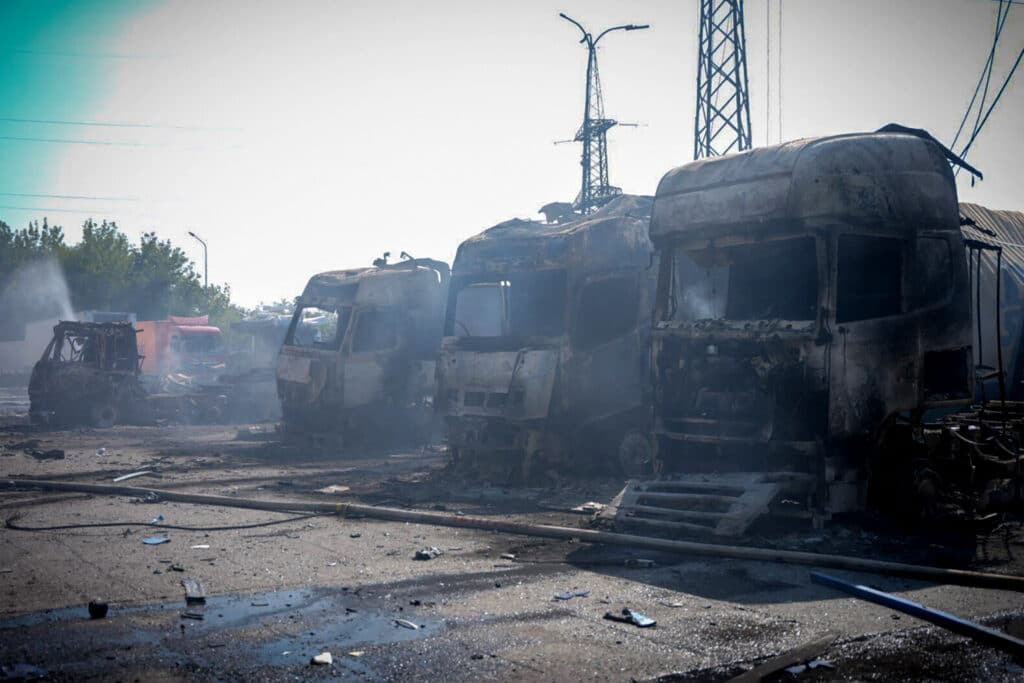 Ukraine issues air raid alerts a day after ‘massive’ Russian attack. In this photo, a handout photograph taken and released by the Ukrainian Emergency Service on August 26, 2024, shows burnt-out trucks at the site of a missile attack at an undisclosed location in Odesa region of Ukraine.| Photo by Handout / UKRAINIAN EMERGENCY SERVICE / AFP