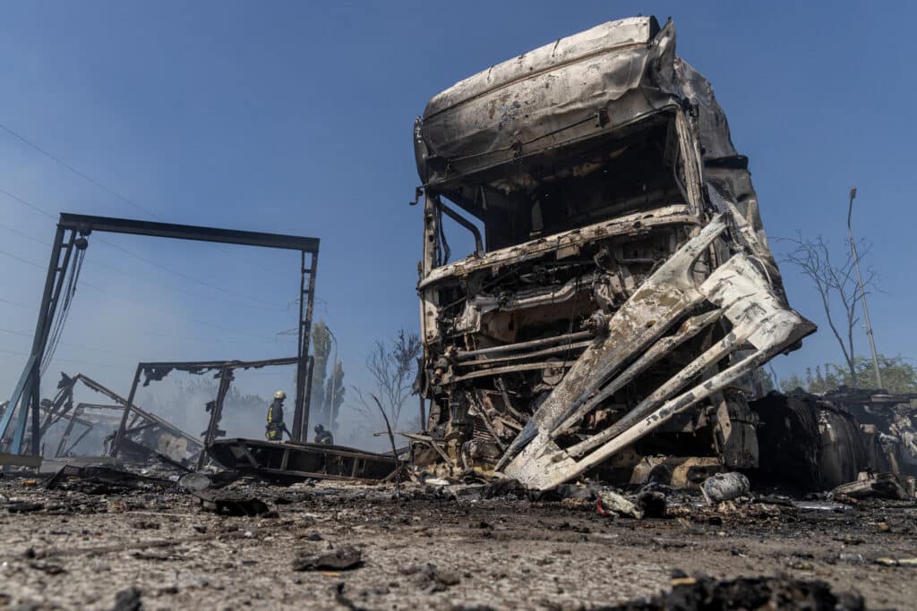 Deadly Russian strikes pound Ukraine for 2nd day. In photo are Ukrainian firefighters extinguishing a fire on a site following an air attack, in the Odesa region, on August 26, 2024, amid the Russian invasion of Ukraine. | Photo by Oleksandr GIMANOV / AFP