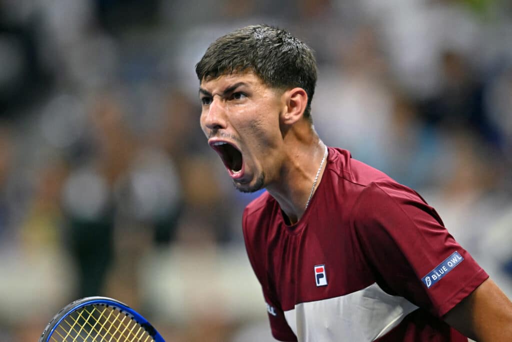 In photo is Australia's Alexei Popyrin reacting after a point against Serbia's Novak Djokovic during their men's singles third round match on day five of the US Open tennis tournament at the USTA Billie Jean King National Tennis Center in New York City, on August 30, 2024. (Photo by ANGELA WEISS / AFP)