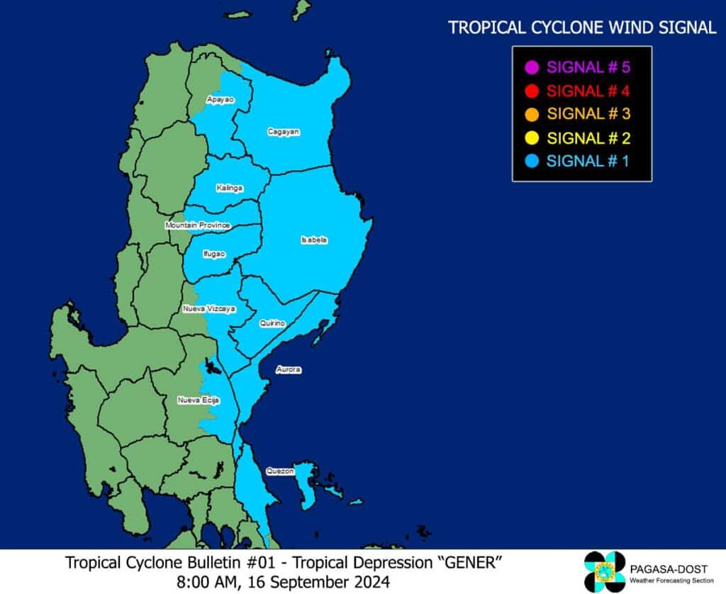 Gener: LPA now tropical depression, Signal No. 1 up in N. Luzon. In photo is the Tropical Cyclone Bulletin #1: Tropical Depression "Gener" at 8 a.m., September 16, 2024. | Photo courtesy of Pagasa