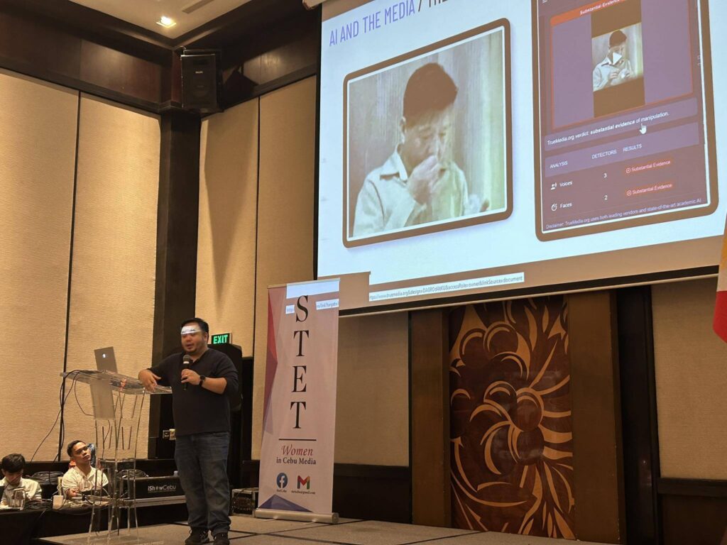 ‘AI is never a substitute for critical thinking’. Harvard University Neiman fellow and former GMA News Online editor-in-chief Jaemark Tordecilla leads the forum titled Artificial Intelligence (AI) in Community Journalism held in a hotel in Cebu City as part of the 32nd Cebu Press Freedom Week. The event is organized by STET Women in Media. 