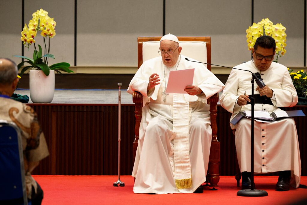 Pope Francis delivers his speech at a meeting with beneficiaries from charitable organizations, during his apostolic visit to Asia, at Indonesian Bishops' Conference headquarters in Jakarta on September 5, 2024. (Photo by WILLY KURNIAWAN / POOL / AFP)