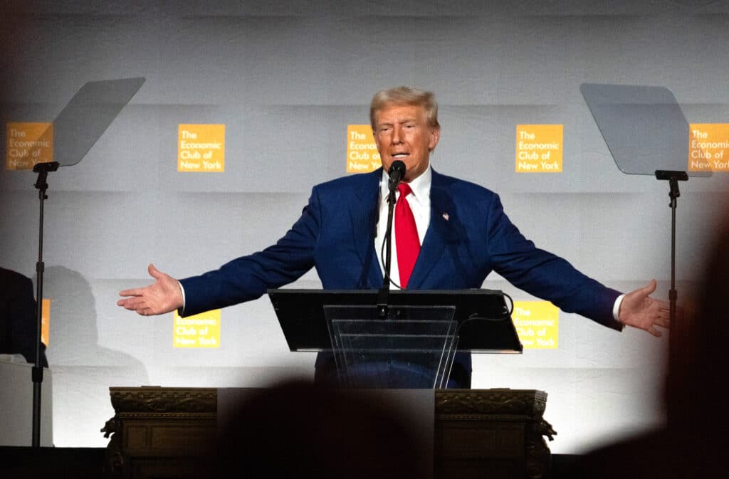 Trump taps Musk to 'save trillions' in war on waste. in photo is former US President and Republican presidential candidate Donald Trump speaking at the Economic Club of New York on September 5, 2024. | Photo by David Dee Delgado / AFP