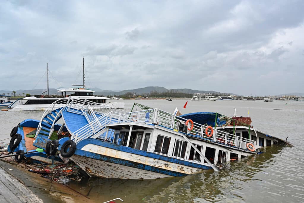 Typhoon Yagi weaken after leaving dozens dead in Vietnam, China, PH. Photo is a  picture showing a boat damaged after Super Typhoon Yagi hit Ha Long bay, in Quang Ninh province, on September 8, 2024. | Photo by Nhac NGUYEN / AFP