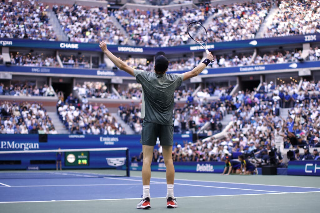 US Open final: Sinner beats Fritz, bags 2nd 2024 Grand Slam title. In photo is Italy's Jannik Sinner reacting after winning his men's final match against USA's Taylor Fritz on day fourteen of the US Open tennis tournament at the USTA Billie Jean King National Tennis Center in New York City, on September 8, 2024. | Photo by KENA BETANCUR / AFP