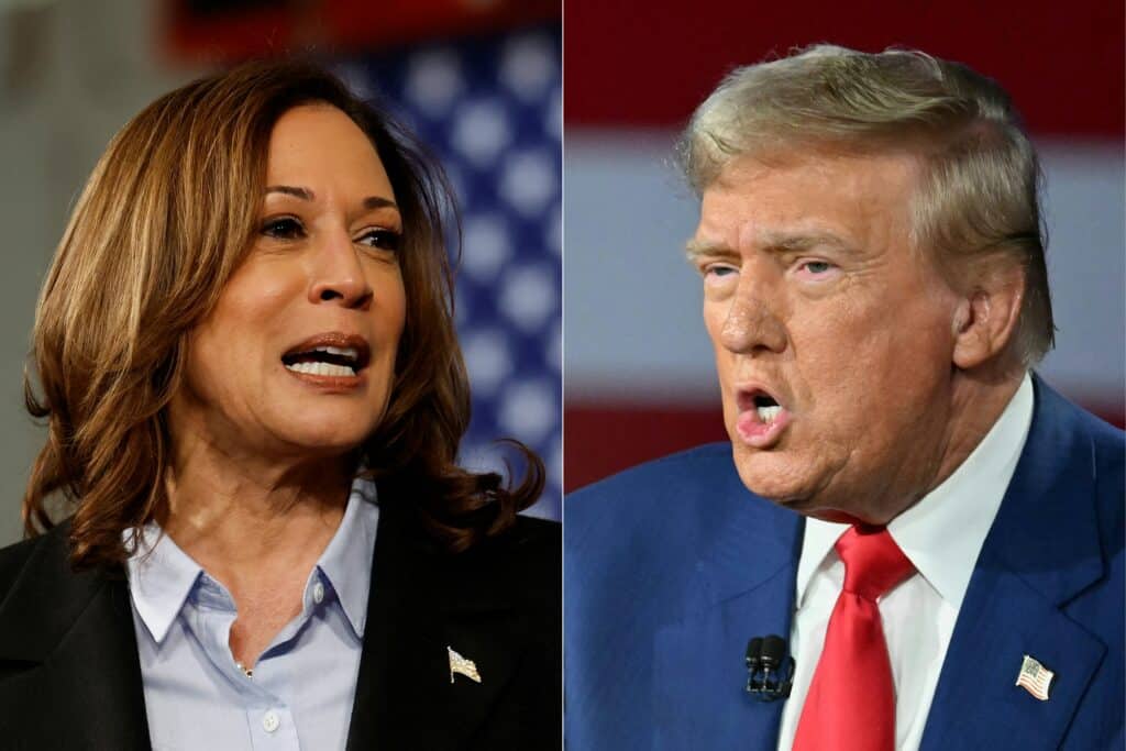 This combination of pictures created on September 9, 2024 shows (from left) US Vice President and Democratic presidential candidate Kamala Harris speaking at a Labor Day event at Northwestern High School in Detroit, Michigan, September 2, 2024 and former US President and Republican presidential candidate Donald Trump speaking at a town hall moderated by Fox News broadcaster Sean Hannity at the New Holland Arena in Harrisburg, Pennsylvania, on September 4, 2024. | Photo by JEFF KOWALSKY and Mandel NGAN / AFP