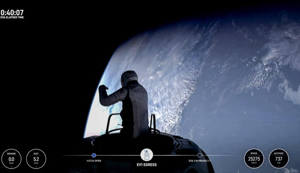 This still image taken from a SpaceX and Polaris broadcast on September 12, 2024, shows US fintech billionaire Jared Isaacman (EV1) peeking out to space from a hatch structure called "Skywalker", during the first private spacewalk performed by the crew of the SpaceX Polaris Dawn mission.| Photo by Polaris Program / AFP