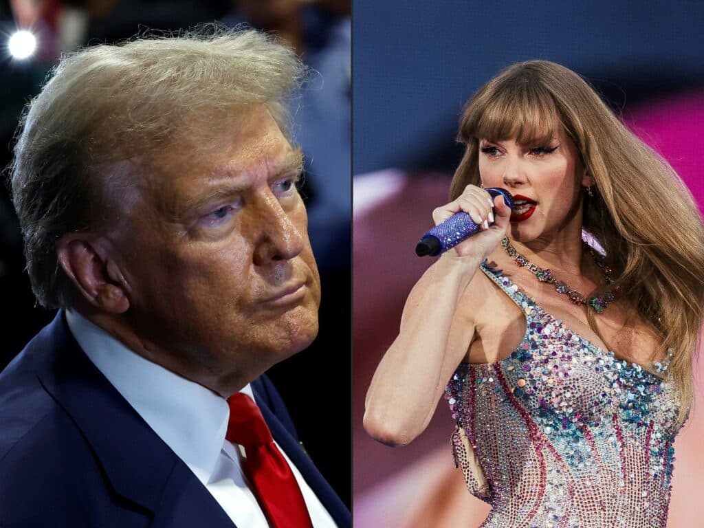 This combination of pictures created on September 15, 2024 shows US Republican presidential nominee, former US President Donald Trump speaking to reporters in the spin room after debating Democratic presidential nominee, US Vice President Kamala Harris, at Pennsylvania Convention Center on September 10, 2024 in Philadelphia, Pennsylvania while at right is US singer and songwriter Taylor Swift performing on stage as part of her Eras Tour in Lisbon on May 24, 2024. | Photo by Kevin Dietsch and ANDRE DIAS NOBRE | AFP