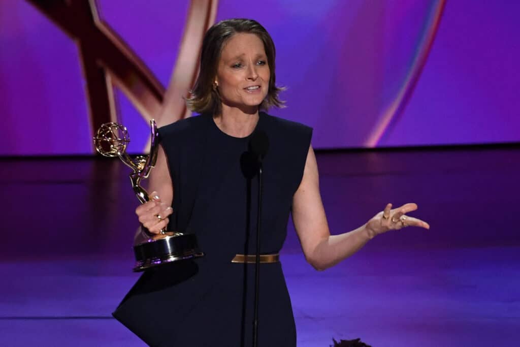 US actress Jodie Foster accepts the Outstanding Lead Actress in a Limited or Anthology Series or Movie award for True Detective onstage during the 76th Emmy Awards at the Peacock Theatre at L.A. Live in Los Angeles on September 15, 2024. |Photo by VALERIE MACON / AFP