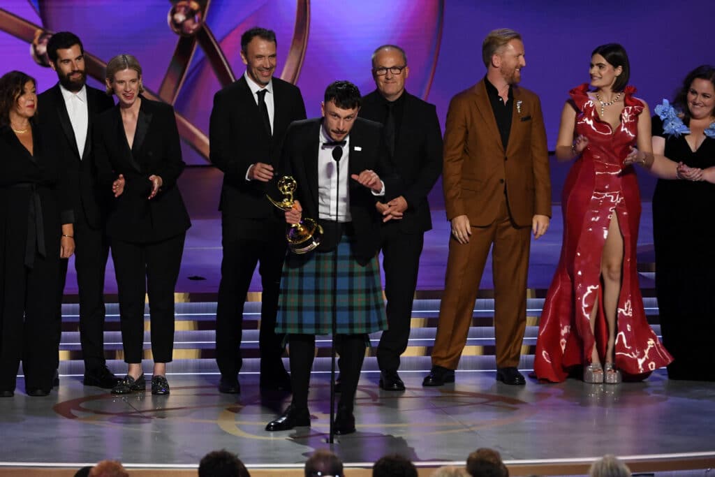 Emmy Awards: ’Shogun' and 'Hacks' win top series. In photo are Scottish writer and comedian Richard Gadd (center), cast and crew of Baby Reindeer accepting the Outstanding Limited or Anthology Series award onstage during the 76th Emmy Awards at the Peacock Theatre at L.A. Live in Los Angeles on September 15, 2024. | Photo by VALERIE MACON / AFP