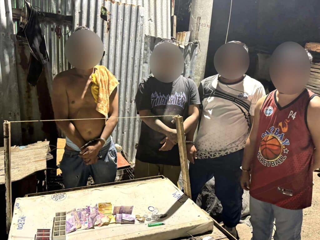 4 spider-fight gamblers nabbed in Cebu City barangay. In photo are four men, who were arrested for allegedly betting on spiders fighting on a stick in Barangay Punta Princesa on Tuesday evening. 