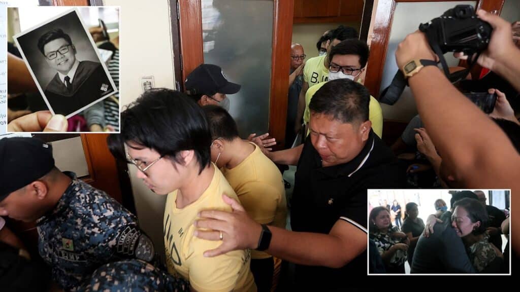 Deadly Castillo hazing: 10 frat men get 40 years. GUILTY A Manila judge finds 10 members of the Aegis Juris fraternity guilty of violating the antihazing law over the death of University of Santo Tomas law freshman Horacio “Atio” Castillo III (left inset) in 2017. Some of the convicts (in yellow) are seen here being led out of the courtroom. The victim’s mother, Carmina, and other loved ones break down in tears (right). —Photos by Marianne Bermudez