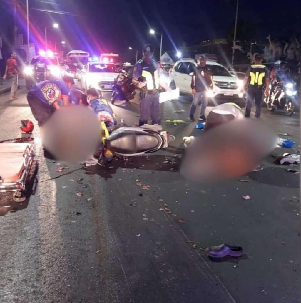 Mandaue hit-and-run: Toyota pickup slams into motorcycle, 2 dead. In photo are emergency responders tend to the victims of a hit-and-run incident in Barangay Basak, Mandaue City in the early morning of Sunday, October 6. | MCPO 