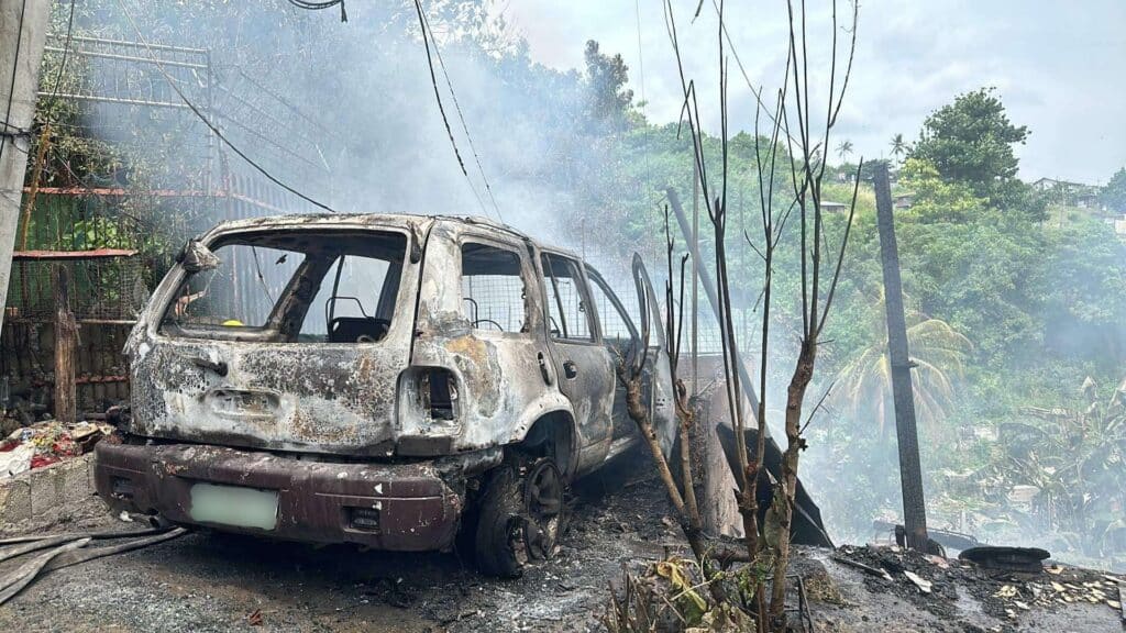 Fire in Quiot, Cebu City razes 8 houses, displaces 45 individuals .This is what is left of a parked car after the owner failed to save it from the fire that hit a residential area in Germelina, San Carlos Heights, Barangay Quiot in Cebu City this morning, October 29. | Paul Lauro