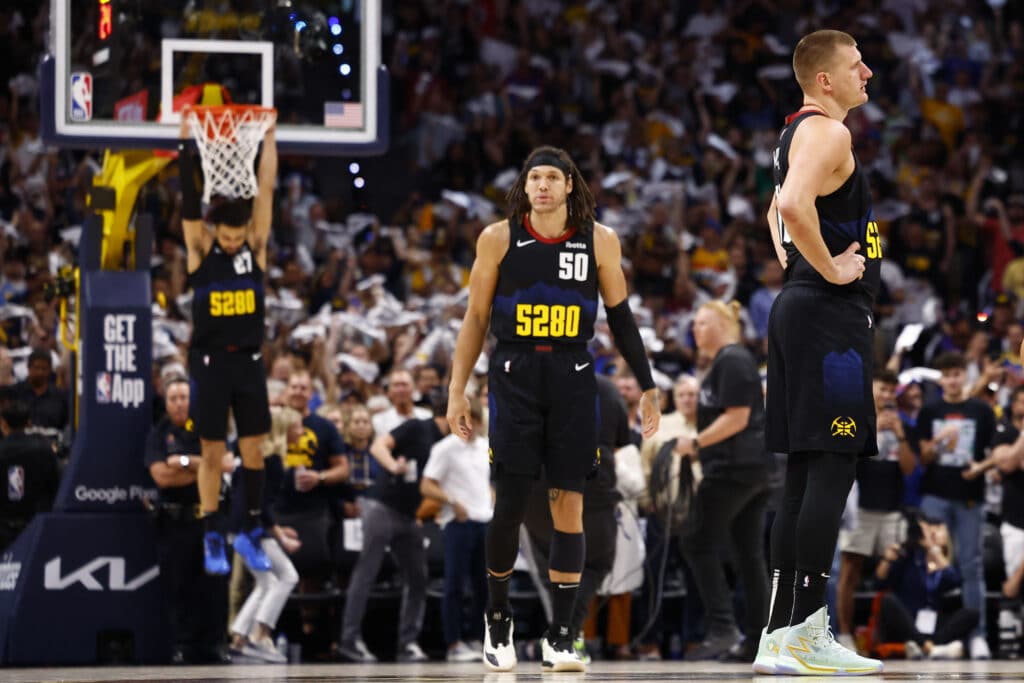 Nikola Jokic #15 of the Denver Nuggets looks on alongside Aaron Gordon #50 of the Denver Nuggets before tip off of Game Seven of the Western Conference Second Round Playoffs against the Minnesota Timberwolves at Ball Arena on May 19, 2024 in Denver, Colorado. | Photo by C. Morgan Engel/ Getty Images via AFP