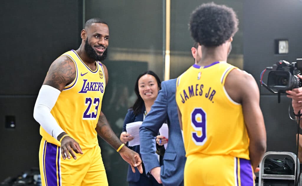 Los Angeles Lakers #23 LeBron James and his son #9 Bronny James attend the Lakers media day at UCLA Health Training Center in El Segundo, California, September 30, 2024. | Photo by Frederic J. BROWN / AFP