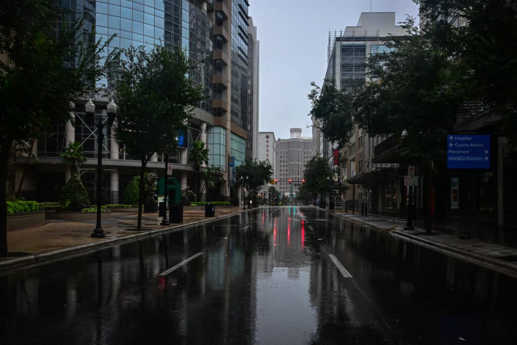 Hurricane Milton draws near, Florida seaside haven a ghost town. No traffic runs through the streets of downtown Orlando, Florida, on October 9, 2024, while Hurricane Milton races towards Florida. | Photo by GIORGIO VIERA / AFP