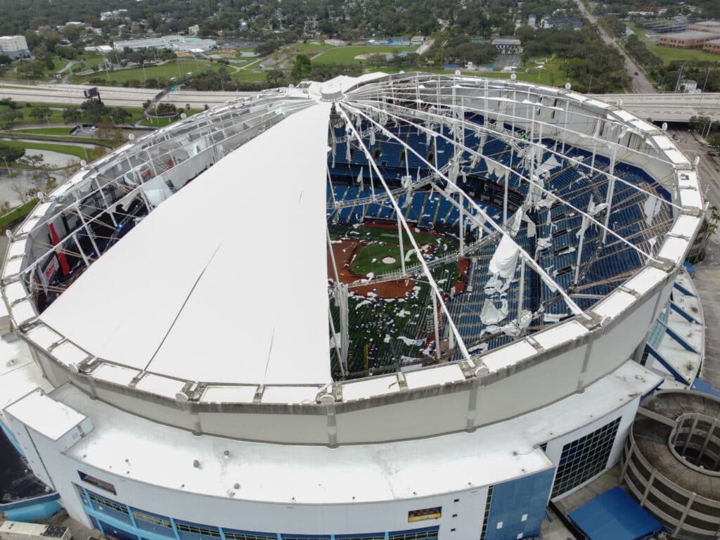  A drone image shows the dome of Tropicana Field which has been torn open due to Hurricane Milton in St. Petersburg, Florida, on October 10, 2024. Photo by Bryan R. SMITH / AFP