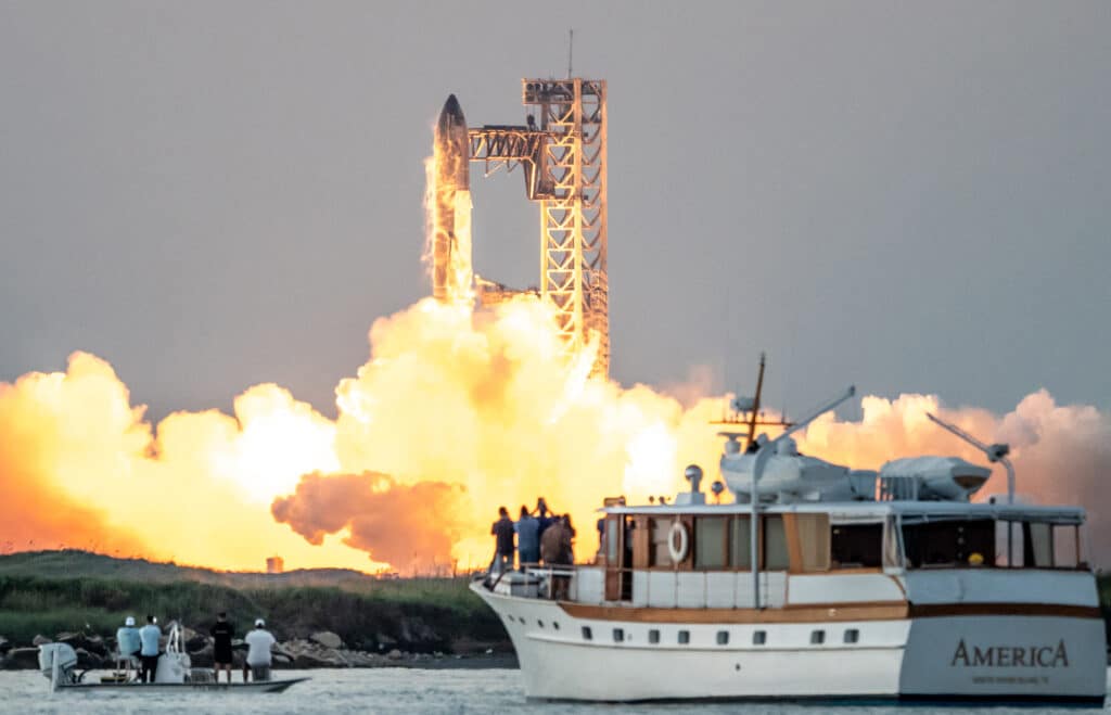 The SpaceX Starship lifts off from Starbase near Boca Chica, Texas, on October 13, 2024, for the Starship Flight 5 test. Photo by SERGIO FLORES / AFP