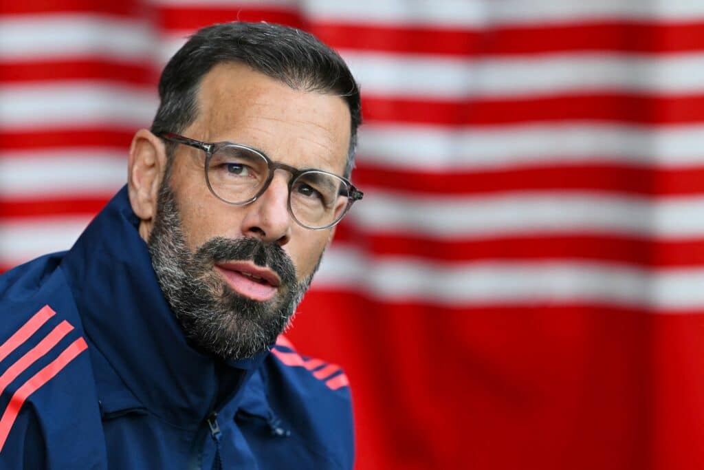 Manchester United's assistant coach Ruud van Nistelrooy  reacts during the English Premier League football match between Southampton and Manchester United at St Mary's Stadium in Southampton, southern England on September 14, 2024. | Photo by Glyn KIRK / AFP