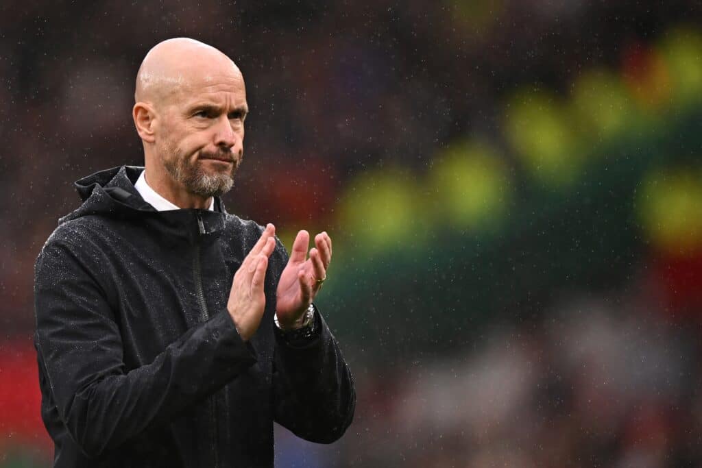 Manchester United's Dutch manager Erik ten Hag reacts as the end of the English Premier League football match between Manchester United and Crystal Palace at Old Trafford in Manchester, north west England, on September 30, 2023. | Photo by Oli SCARFF / AFP