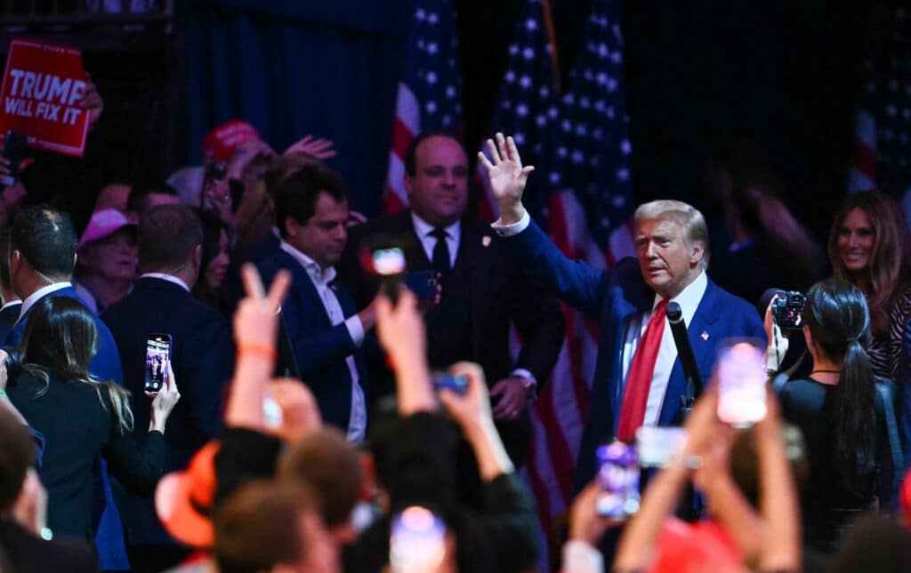 Former US President and Republican presidential candidate Donald Trump leaves a campaign rally at Madison Square Garden in New York, October 27, 2024. | Photo by ANGELA WEISS / AFP