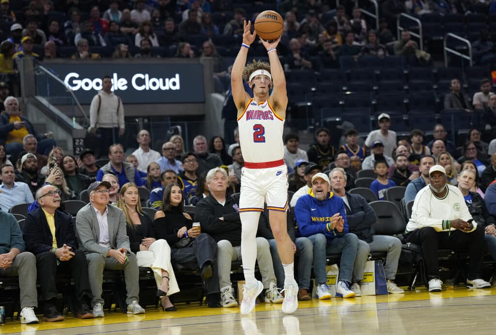 NBA: Warriors show depth as they rally past Pelicans, 124-106. Brandin Podziemski #2 of the Golden State Warriors shoots a three-point shot against the New Orleans Pelicans during the first quarter at Chase Center on October 29, 2024 in San Francisco, California.  | Photo by Thearon W. Henderson / Getty Images via AFP