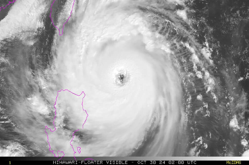 Super Typhoon Kong-Rey nears Taiwan, offices, schools closed. This Himawari satellite image from the National Oceanic and Atmospheric Administration (NOAA) taken and released on October 30, 2024 shows typhoon Kong-rey as it develops over the West Pacific. | Photo by Handout / NOAA / AFP